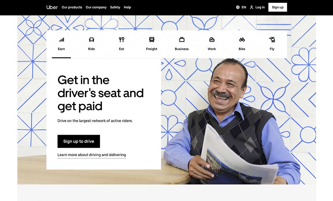 Screenshot of Uber website showing hierarchy by repetition in their menu