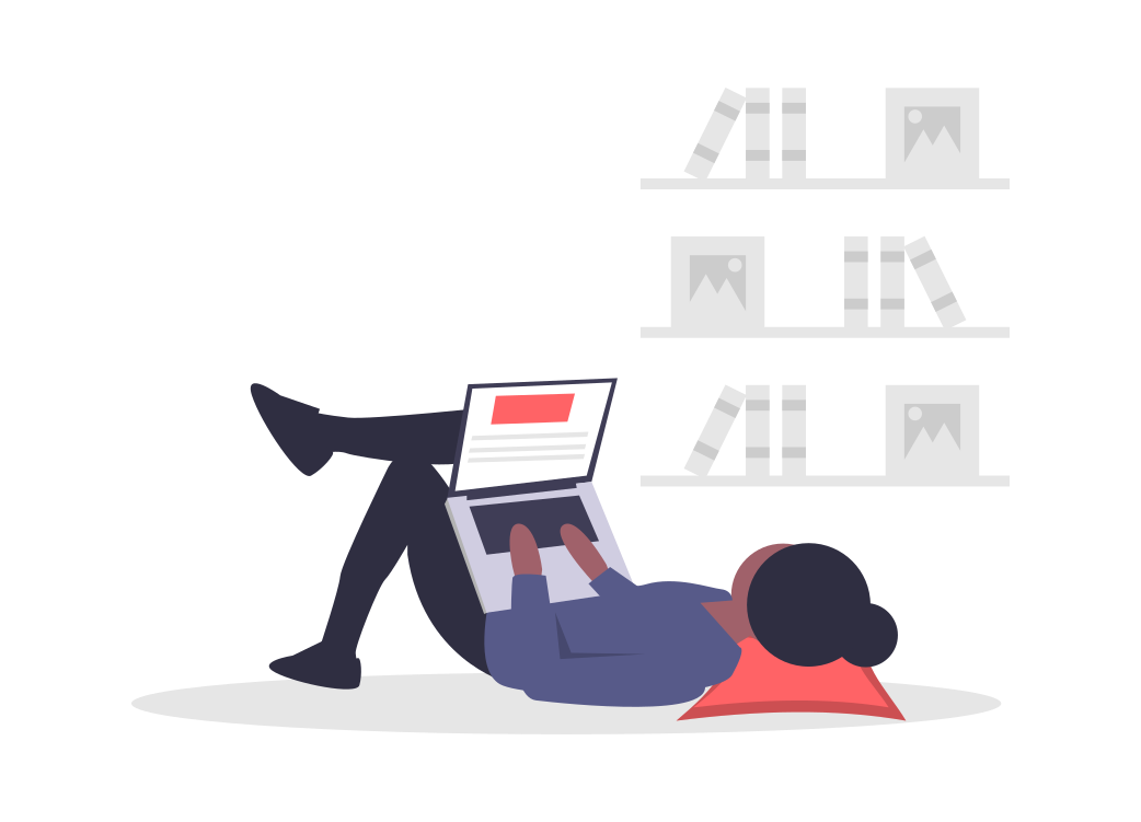 An illustration of a woman chilling on the floor with a laptop on her lap.