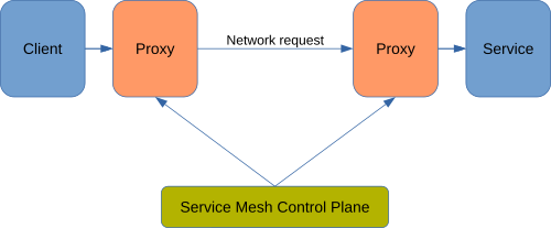 Client through a proxy to another proxy fronting the service. Both proxies are managed by a service mesh control plane.