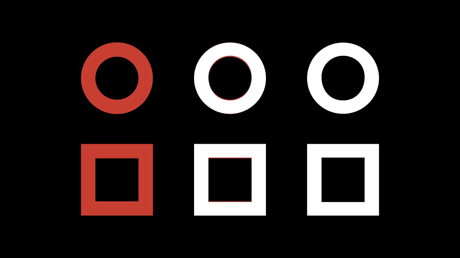 3 columns of a stroked circle and square. The middle column shows that the horizontal strokes are narrower than verticals.