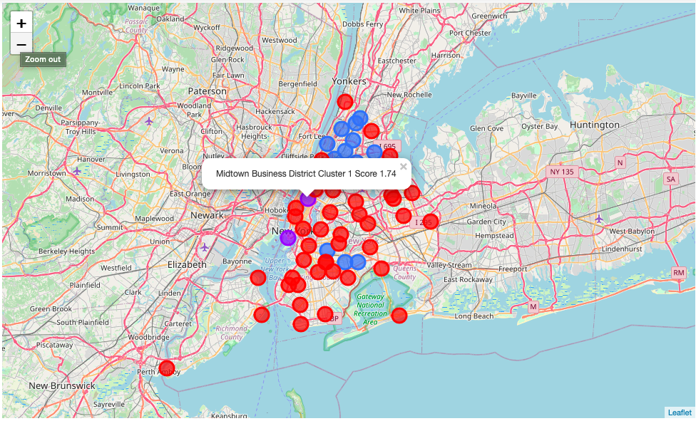 NYC map showing the clusters based on the scaled and weighted data frame