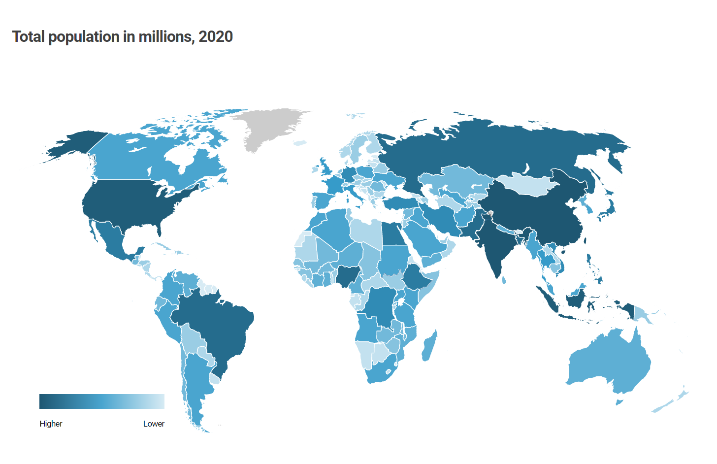 World map with countries and region shaded in blue by population range.