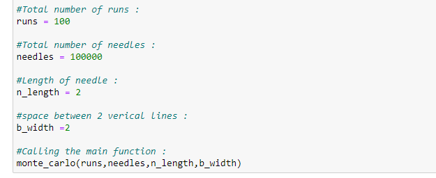 Figure 36: Calling the Monte Carlo Method’s main function to our Buffon’s problem.