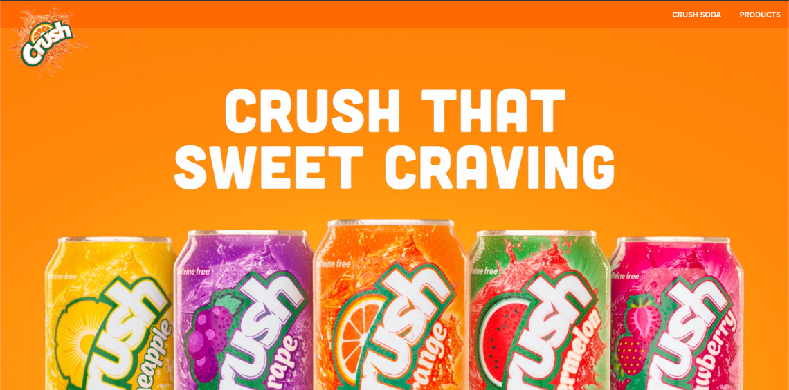 An orange color website with five crush sodas on it.