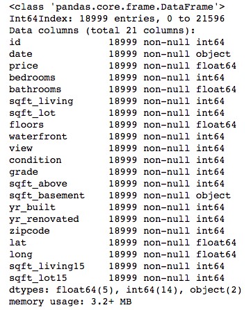 Printout of each column in the dataset and the corresponding data type.