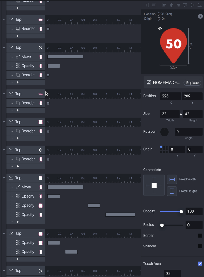 The interactions panel with different animations