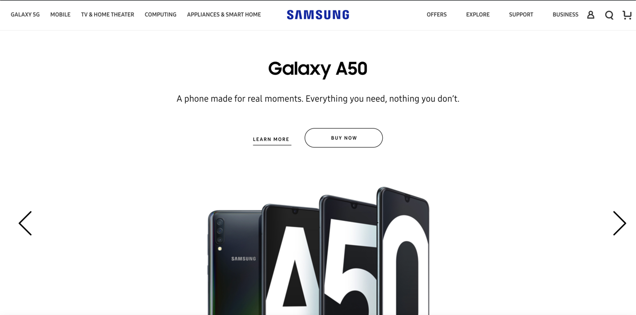 Samsung, white color landing page of their website has been shown.