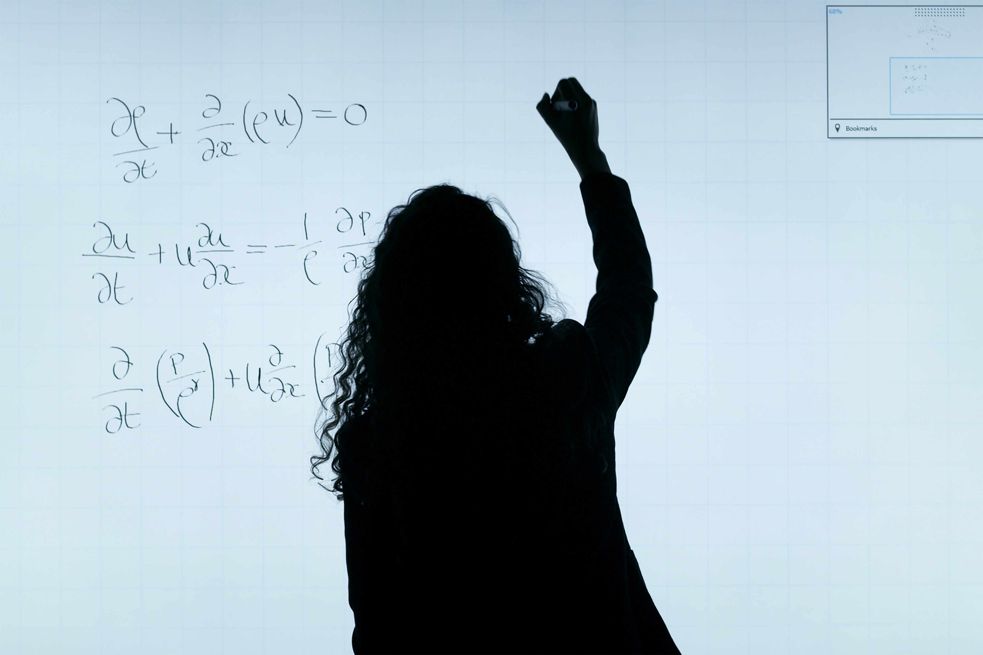 Woman writing mathematical functions on a whiteboard