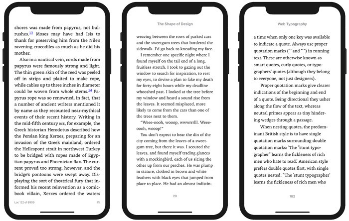 Screenshots of The Book, The Shape of Design, and Web Typography