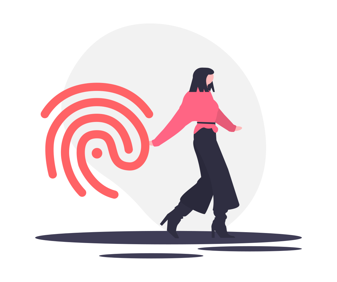 An illustration of a woman dancing next to a giant fingerprint.