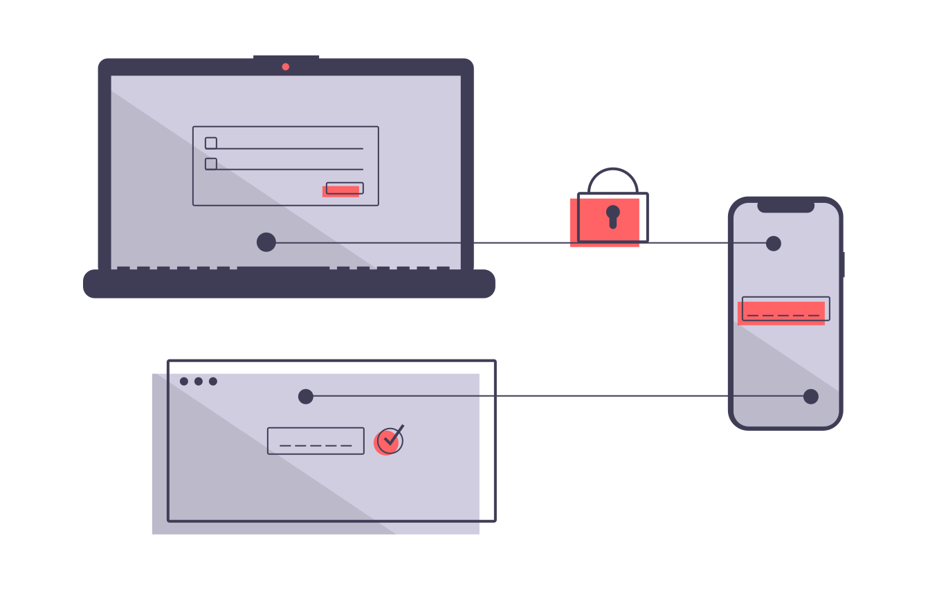 An illustration of three access login screens on a laptop, a mobile phone and a web browser.
