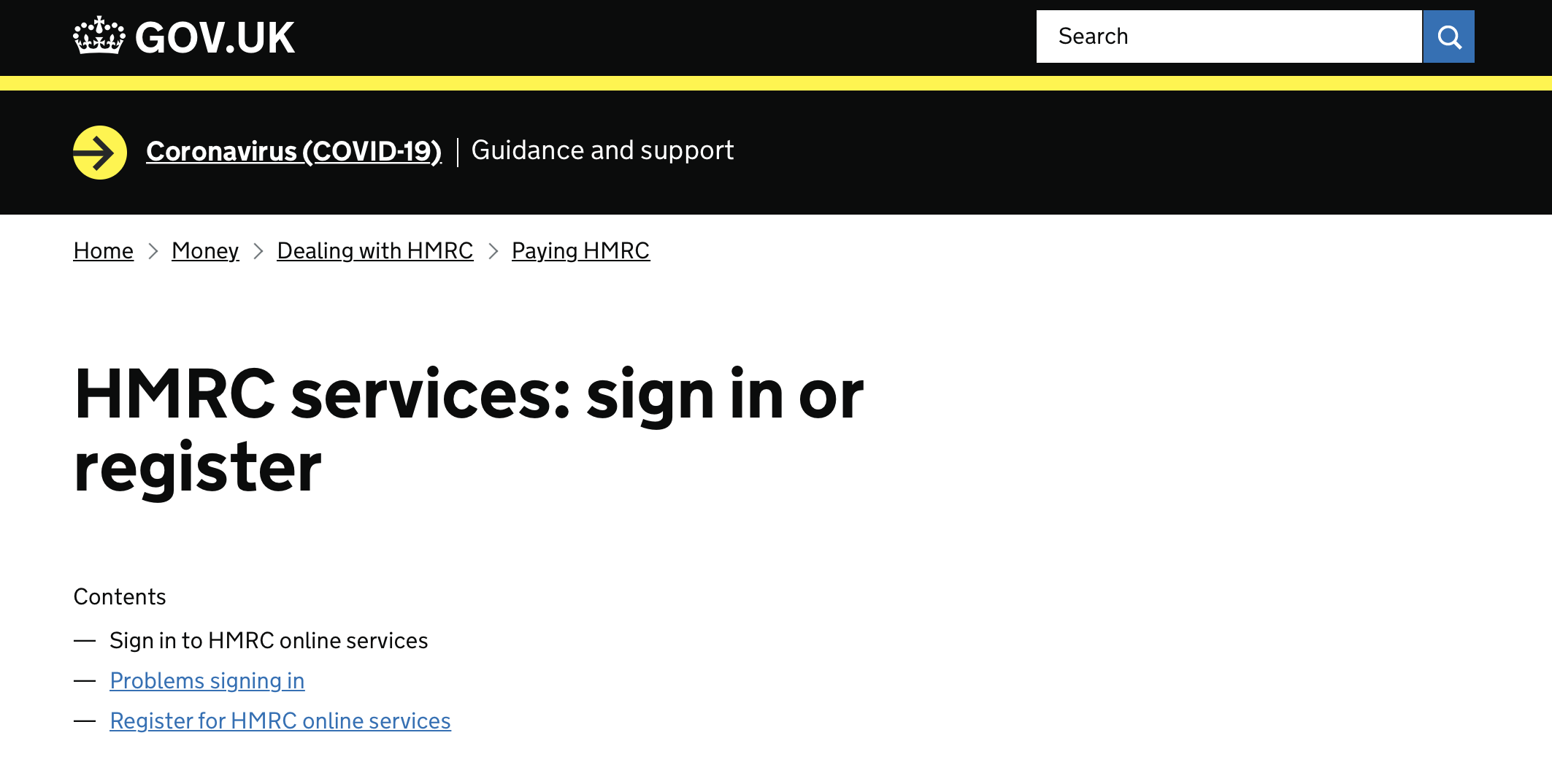 UK government income tax website using “sign in” and “register”