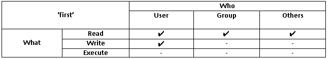 Table showing the [What X Who] Matrix of the file ‘first’