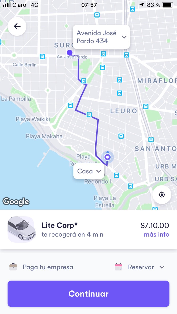 Screenshot of the Cabify app showing a line route in purple