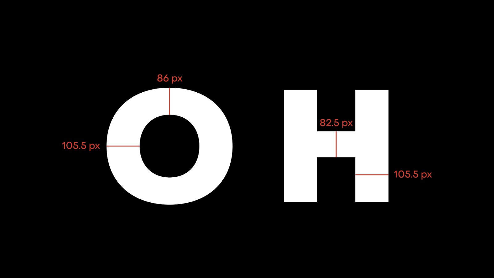 Metrics of stroke weights on letters O and H.