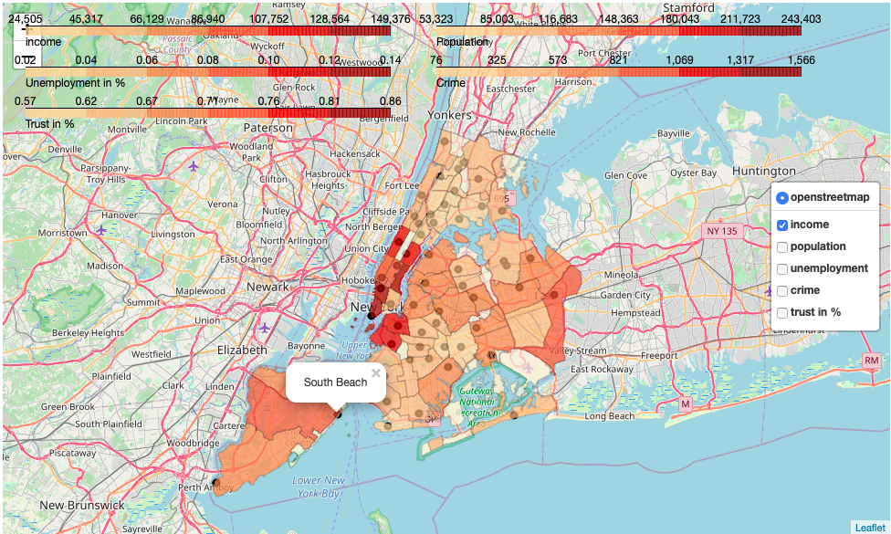 choropleth heatmap of New York City with checkbox to visualize by clicking different columns