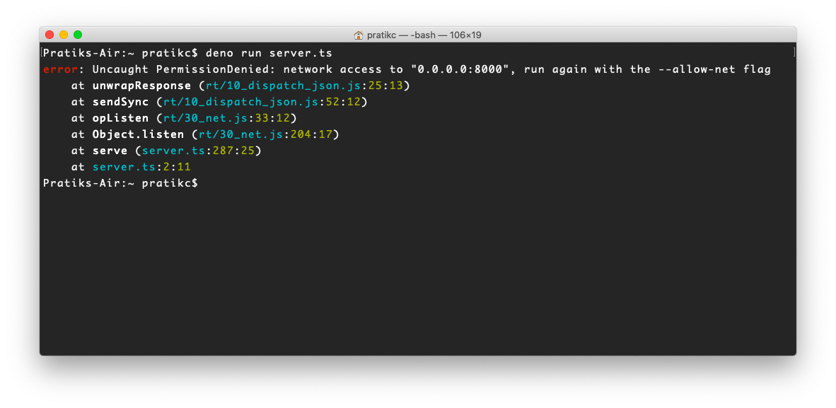 Error after running the “deno run server.ts” command. Image Credits: Pratik Chaudhari.