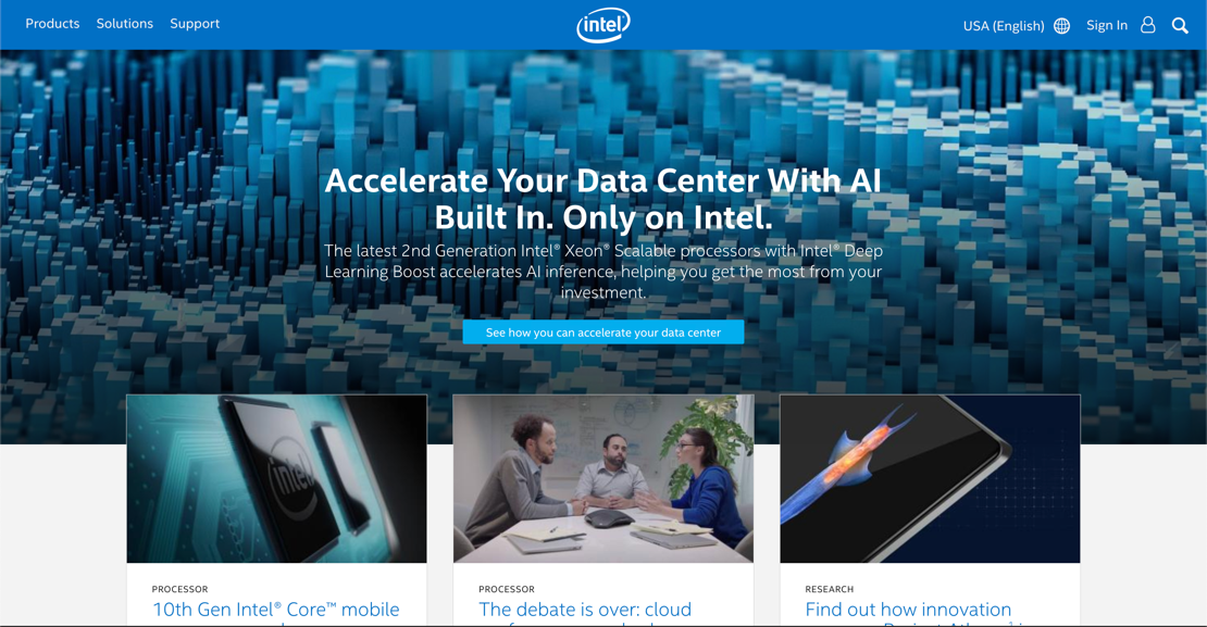 Intel blue color landing page on their website has been shown