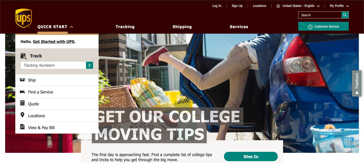 UPS, brown landing page of their website has been shown