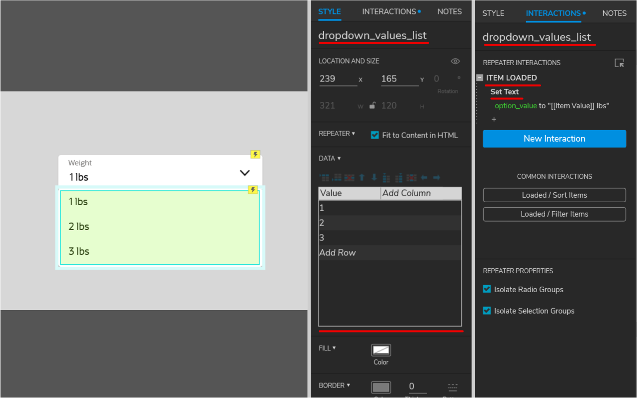 Axure — dropdown menu — interactivity (value list)