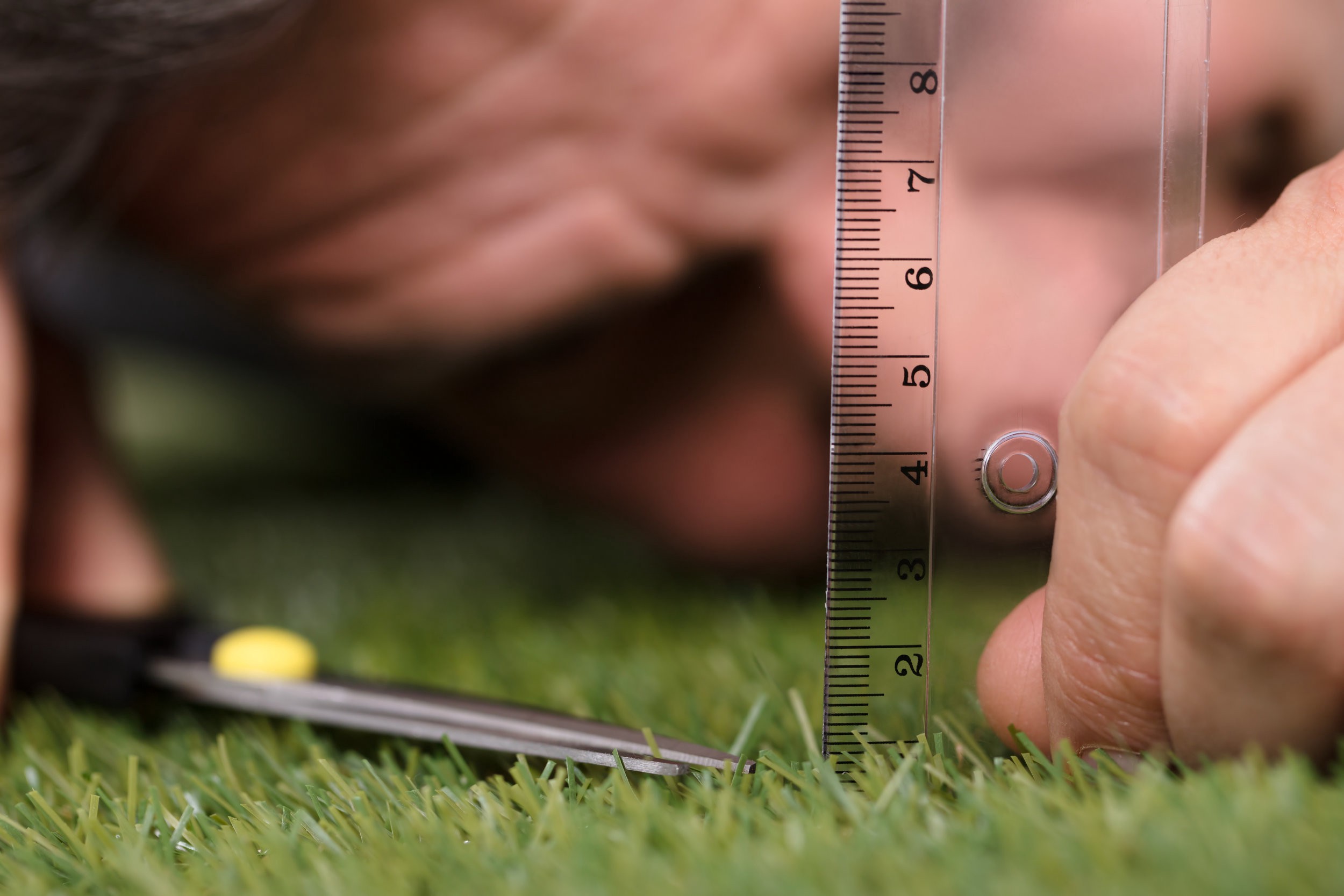 Man measuring grass holding sizors in one hand and a ruler in the other hand