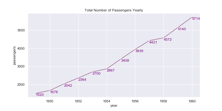 A line plot showing the total number of passengers yearly with data labels.